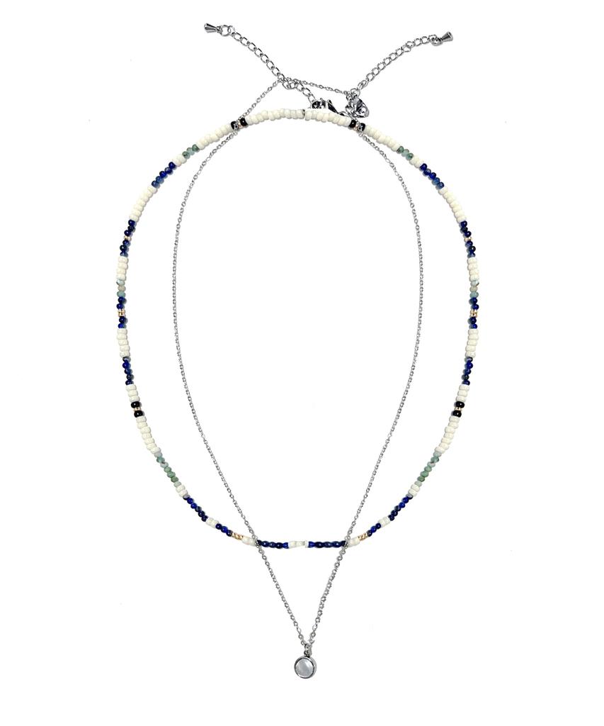 Ssy [Set] Pistachio Stone Necklace & Onyx Pendant Necklace