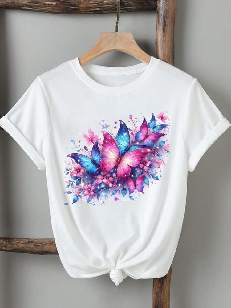 (Asian Size) flower butterfly cute Clothing Tee Top female Print Female T Shirt Woman Women Fashion Short Sleeve Graphic T-shirts