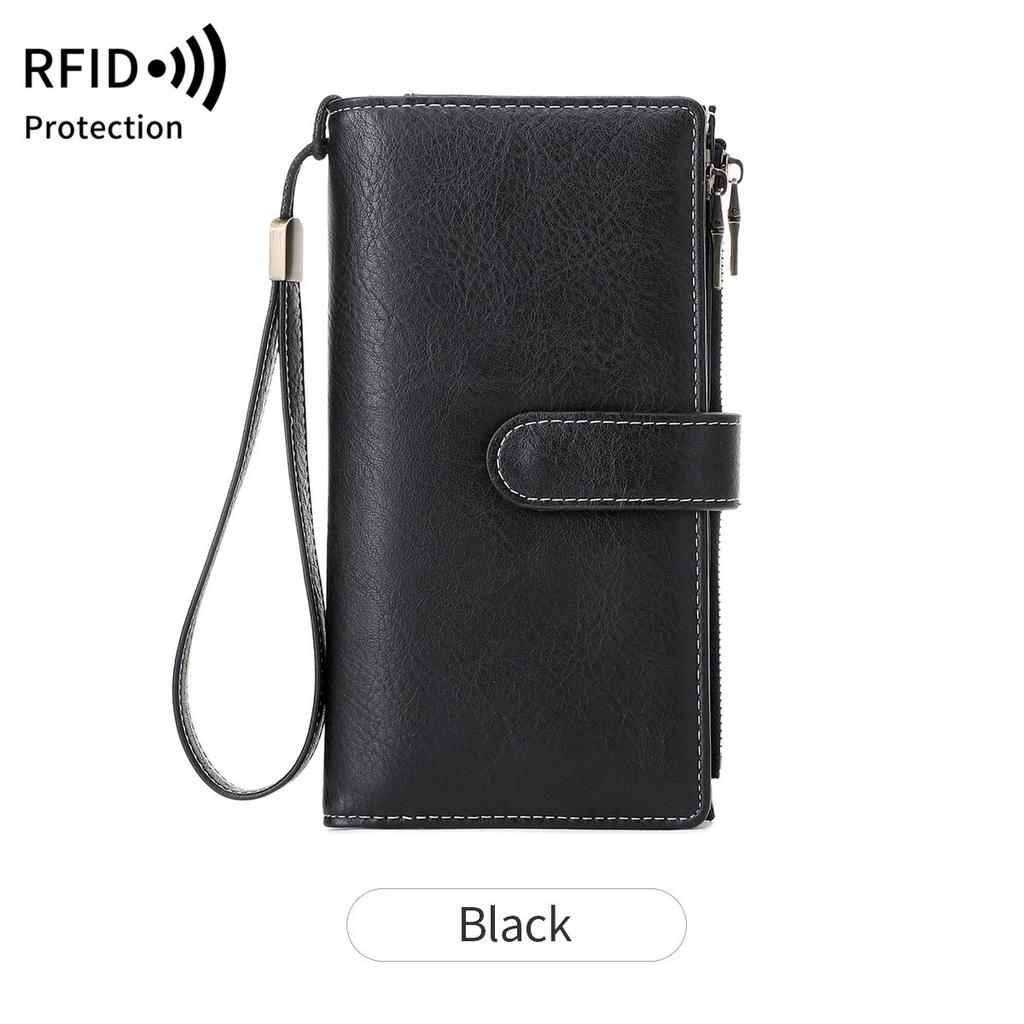 Women's PU Leather Long Wallet with Wrist Strap, Solid Color Zipper Wallet, Multi Card Holder, Casual Daily Clutch Purse