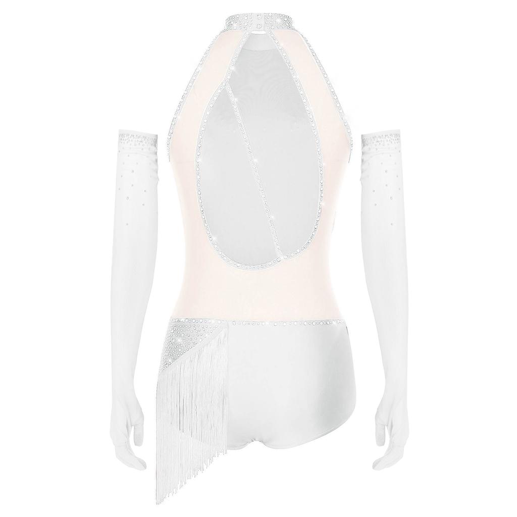 Womens Latin Figure Skating Leotard Sleeveless Back Hollow Out Tassel Skirted Bodysuit Mesh Gloves Dancing Costume