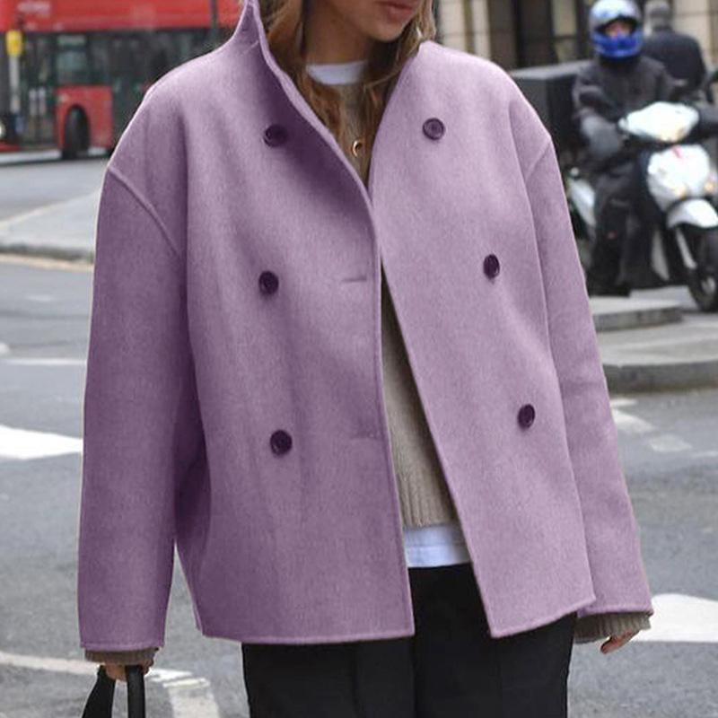 Dámský dvouřadý vlněný kabát jednobarevný ležérní elegantní britský styl všestranný top pro ženy