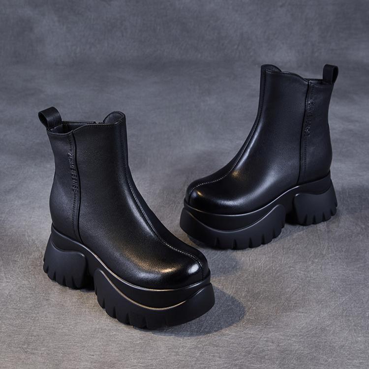 Johnature Round Toe Thick Soled Short Boots Genuine Leather High Heels Vintage Women's Platform Boots