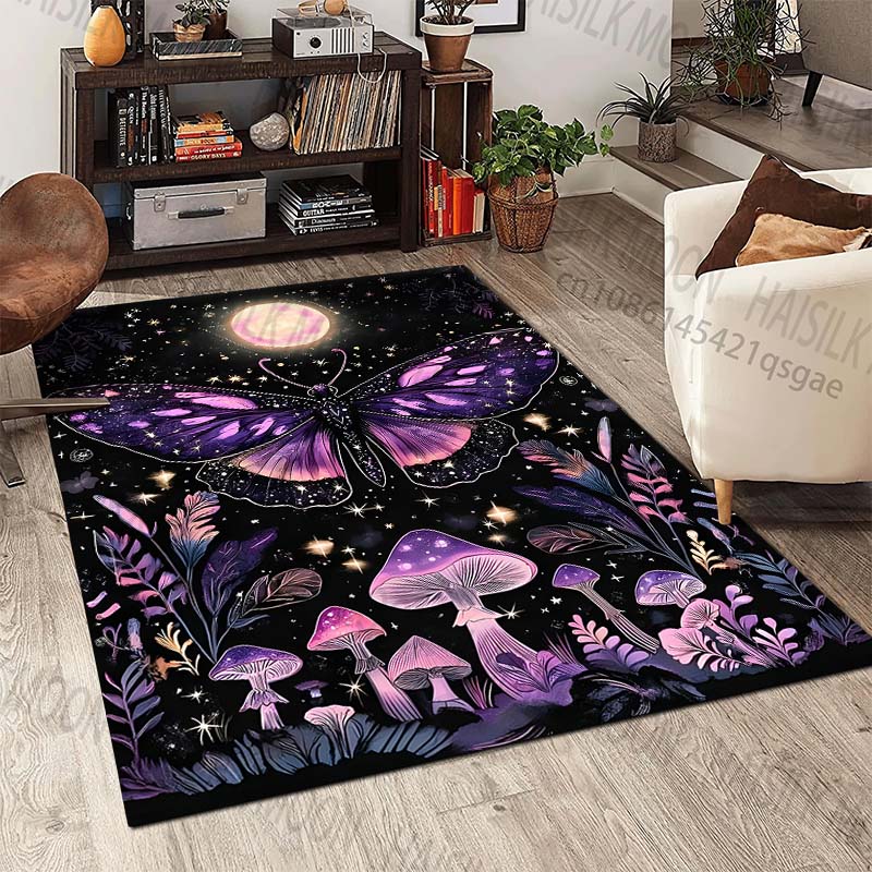 Purple butterfly moonlit mushrooms Print Rug Carpets for Bedroom Living Room Sofa Mat Creative Door Mat Cloakroom Home Decor