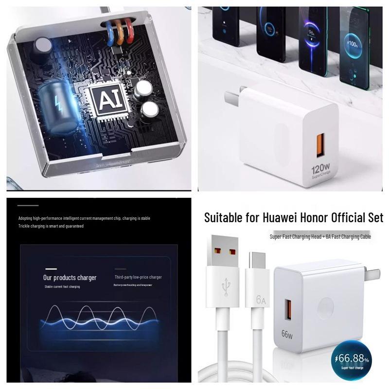 120W High-Efficiency Fast Charger with 6A Cable for Huawei P40/Mate50pro and Honor 66W