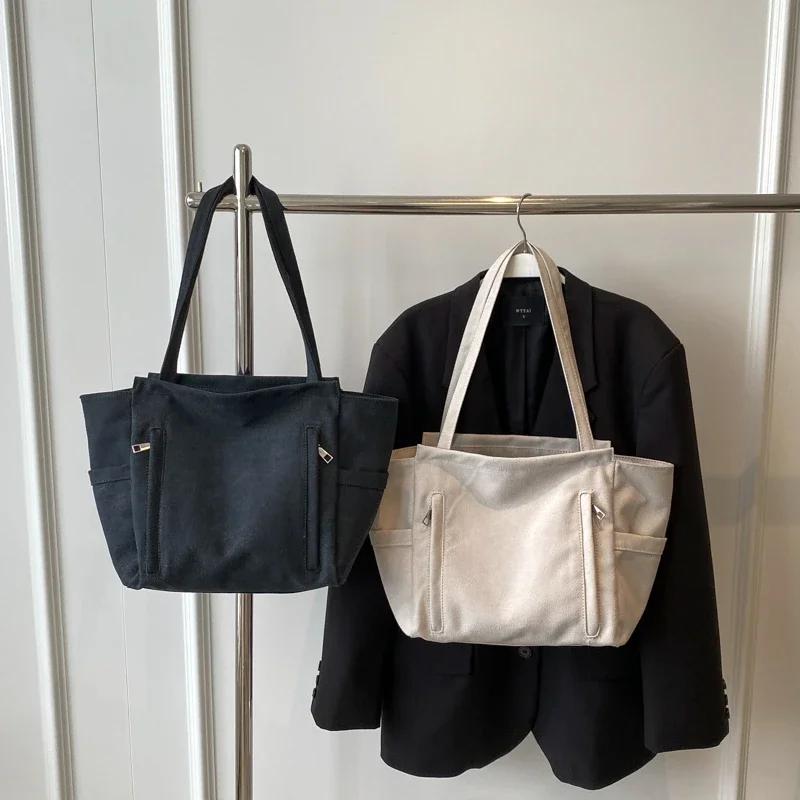 Large Capacity Monochromatic Canvas Bags for Women Zippered Bags Versatile Shoulder Bag Style High Quality