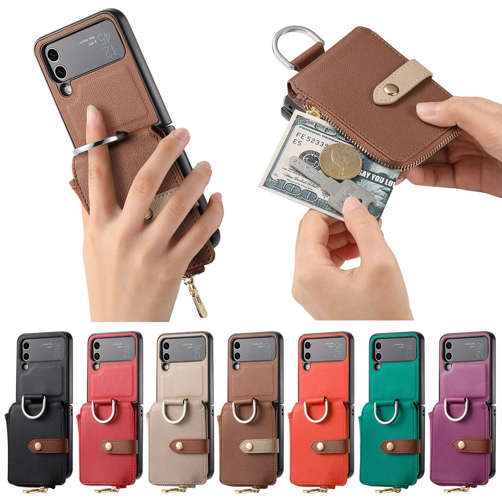 Vertical Zipper Cards Solt Wallet Leather Case for Samsung Z Flip 5 4 3 5G Stand Shockproof Flip5 Purse Ring Holder Pocket Cover