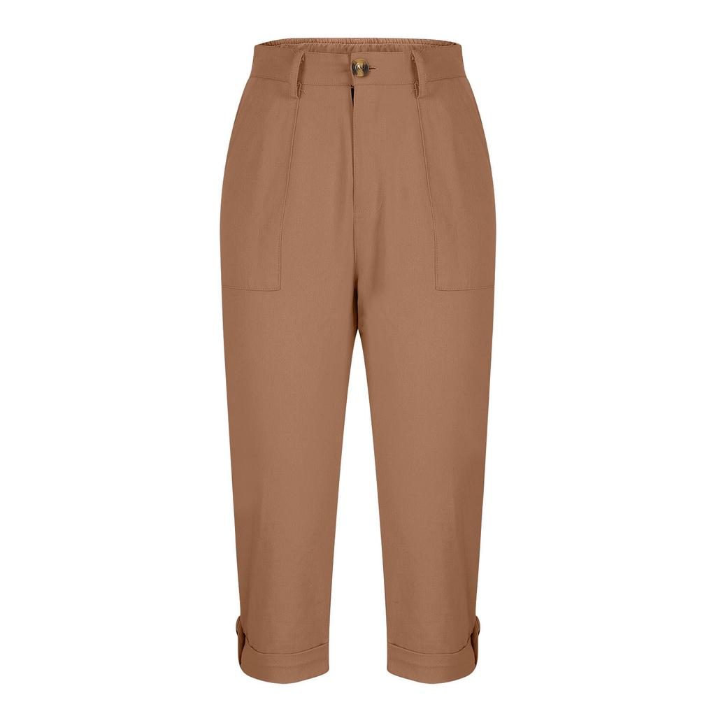 Women Casual Capri Pants High Waisted Rolled Cuff Ankle Pants Solid Color Pocket Detail Loose Fit Trousers
