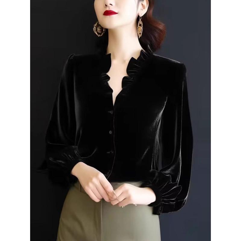 French Retro Gold Velvet Spliced Top Autumn Winter New Long-sleeved Celebrity Shirt