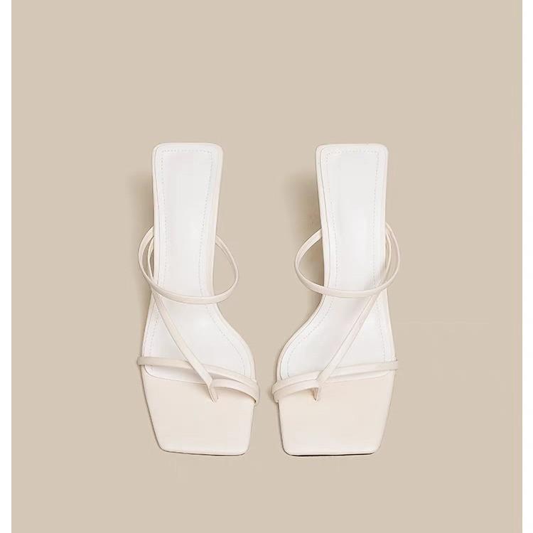 

French high-end! Beige one-word slippers women s spring and summer square head stiletto high heels 40