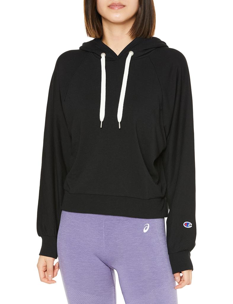 Champion TECH Terry Hooded Long UV Size L Women's WEAVE® Sweatshirt, Sleeve, Stretch, Lightweight, Quick-Drying, Protection, CW-XS101, Black,