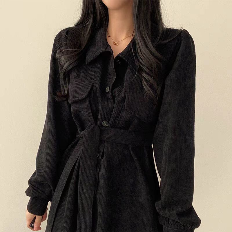 Korean version of chic spring French retro lapel single-breasted strap waist long solid color corduroy dress women