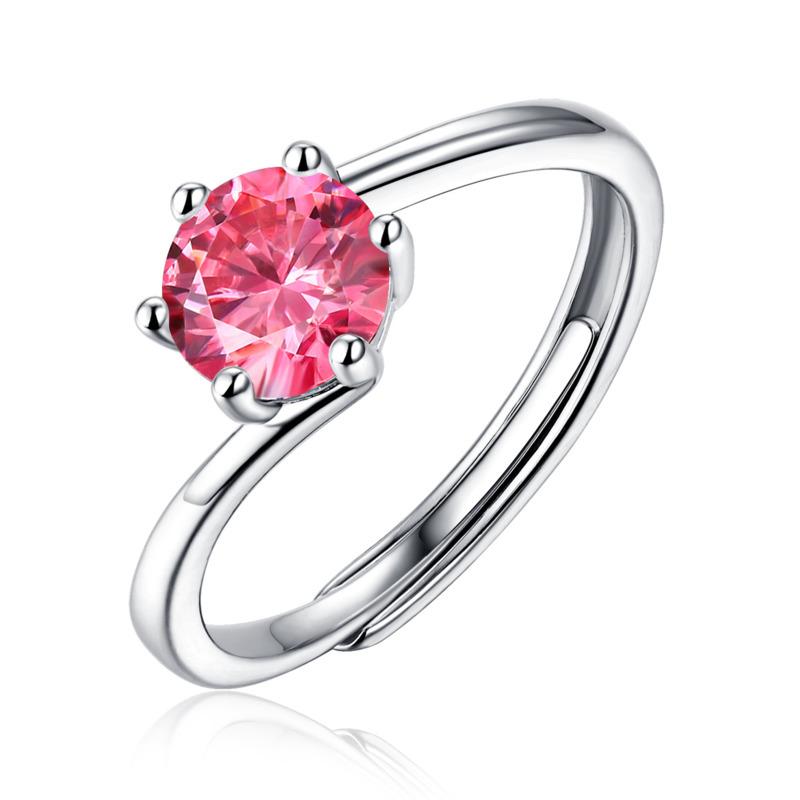 Bague Ringen S925 Silver Set 1ct Moissanite Luxury Round Bag Color Women's Six-prong Pink Adjustable Opening Ring