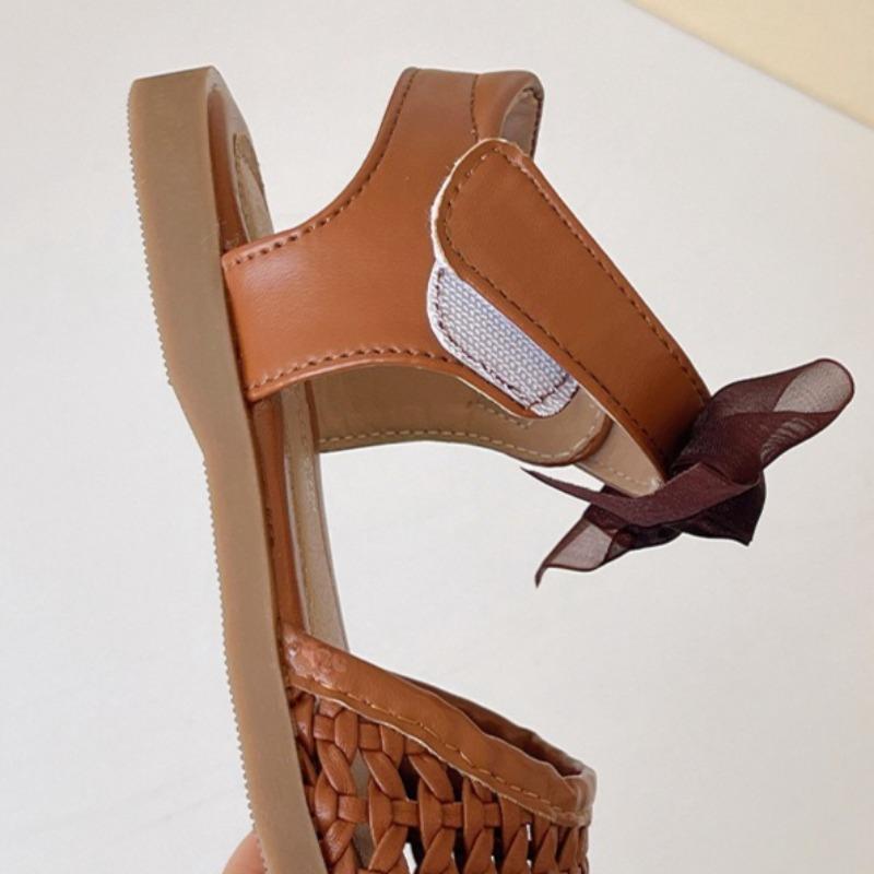 Summer Girls Closed Toe Woven Bird Nest Sandals Hollow Bow Decor Kids Beach Shoes