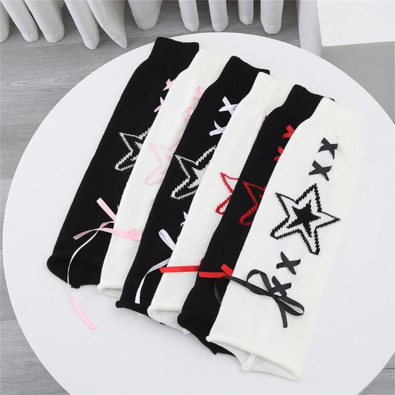 Women's Punk Star Pattern Knitted Leg Warmers with Ribbon Bows Flared Boot Covers Knee Length Socks Japanese Streetwear