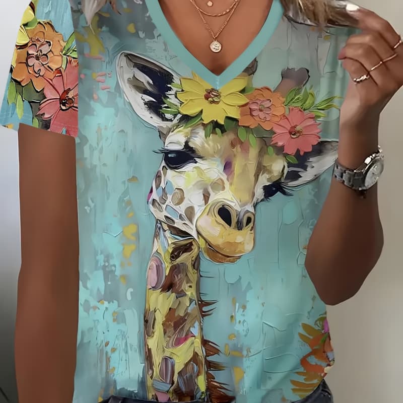 T-shirt casual da donna a maniche corte con scollo a V