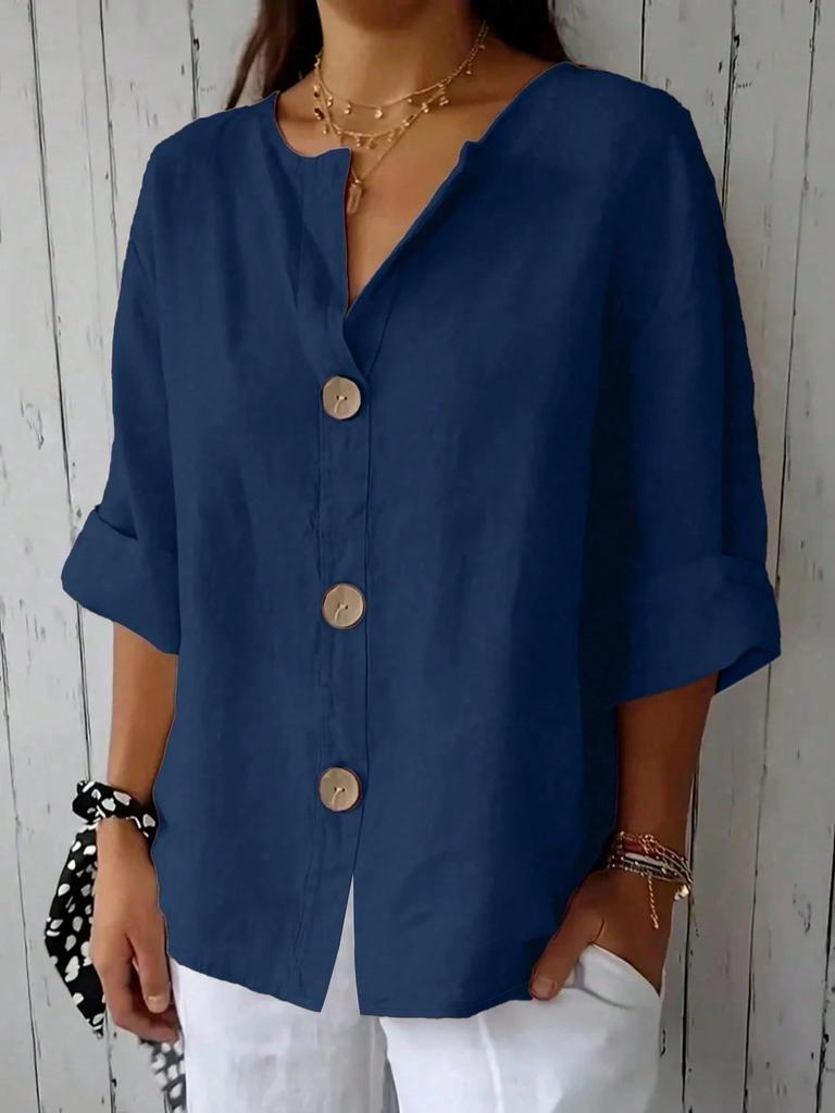 Plus Size Women Solid Color Front Button Shirt, Spring Casual Loose Daily Blouse Top