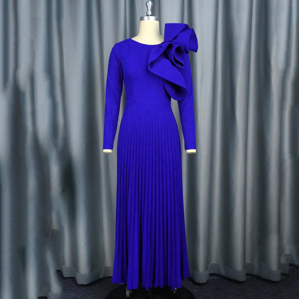 Elegant Women Long Dresses Autumn New Plus Size O Neck Ruffles Long Sleeve Pleated Party Dress