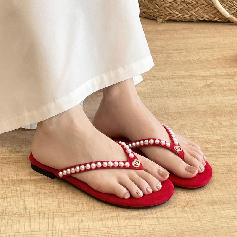 Fashion Luxury Pearl Rhinestone Flat Sandals Women Summer Brand Fashion Flip-flops Open Toe Non-slip Comfortable Casual Beach Sandals