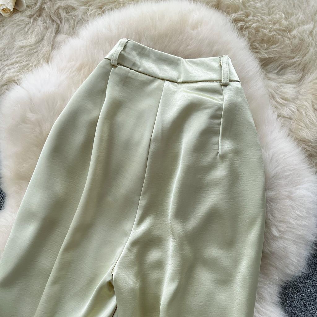 Summer Women Casual Smooth Satin High Waist Pant Trouser with Pocket for Girls