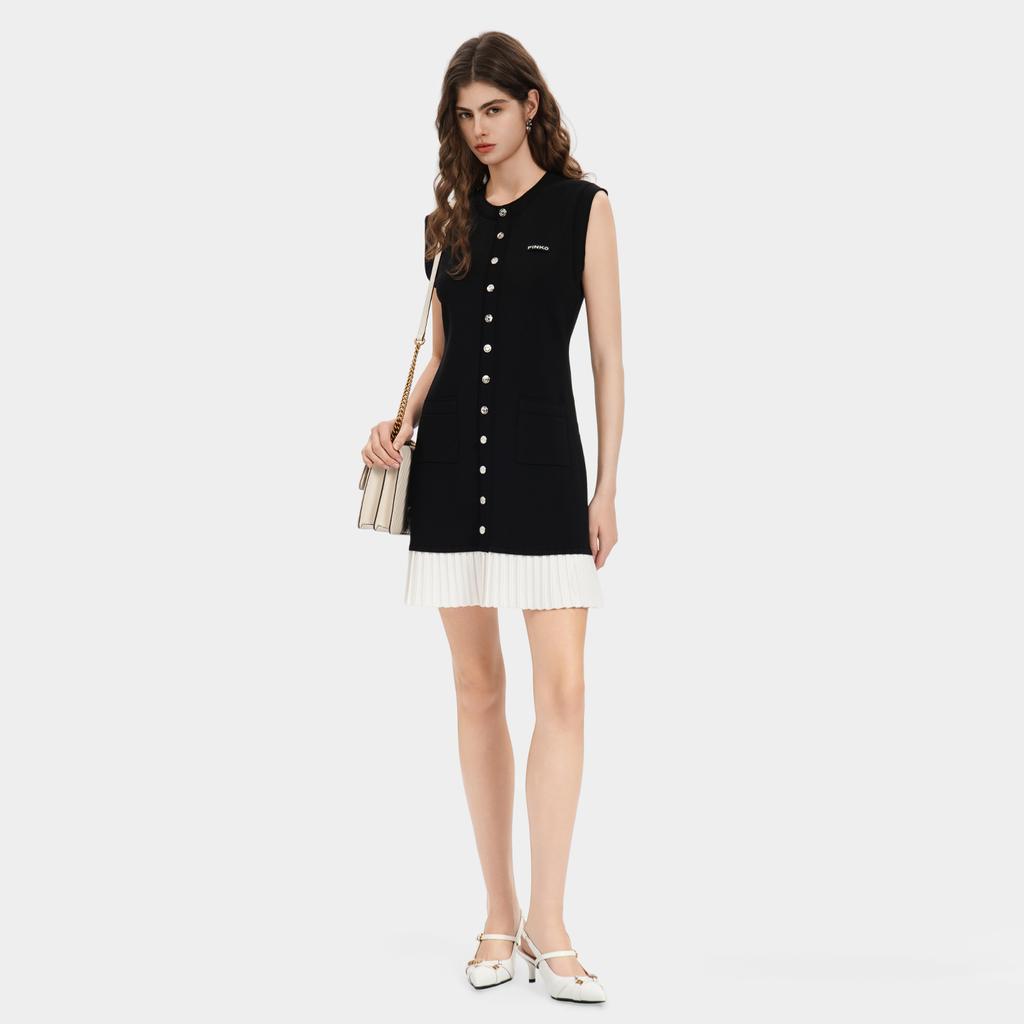 Pinko French Style Black And White Color Block Pleated Versatile Dress Sleeveless Women Dresses PEAF261238691