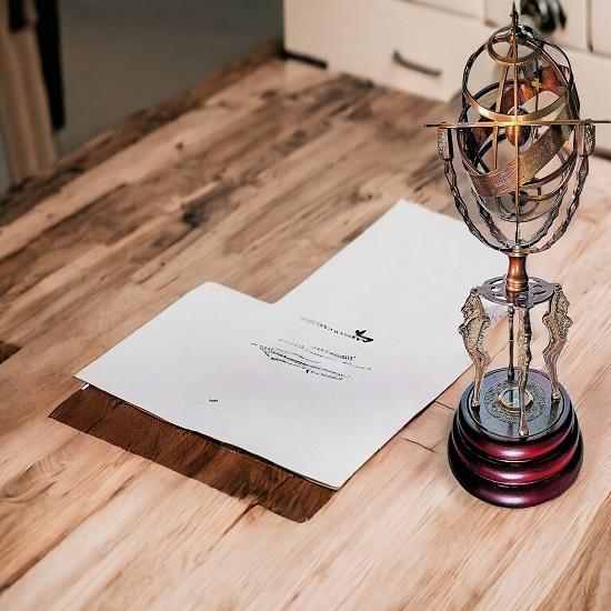 

Brass 18 Armillary Sphere Globe Astrolabe Zodiac Engraved Celestial Globe Wooden Base with Compass Tiger Pillars