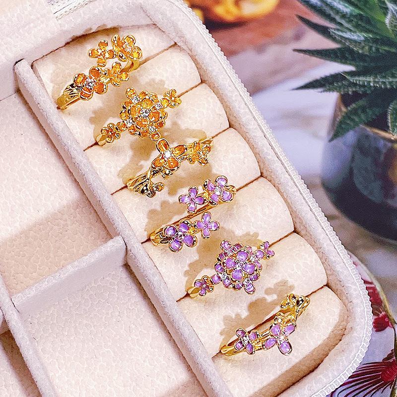 Enamel Dripping Oil Flower Combination Set Open Ring Medieval Light Luxury High-End Sense Niche Design Ring