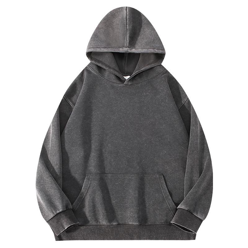 350g Vintage Washed Men's Hoodie - EU Size, Drop Shoulder, Solid Color, Thickened, Heavyweight