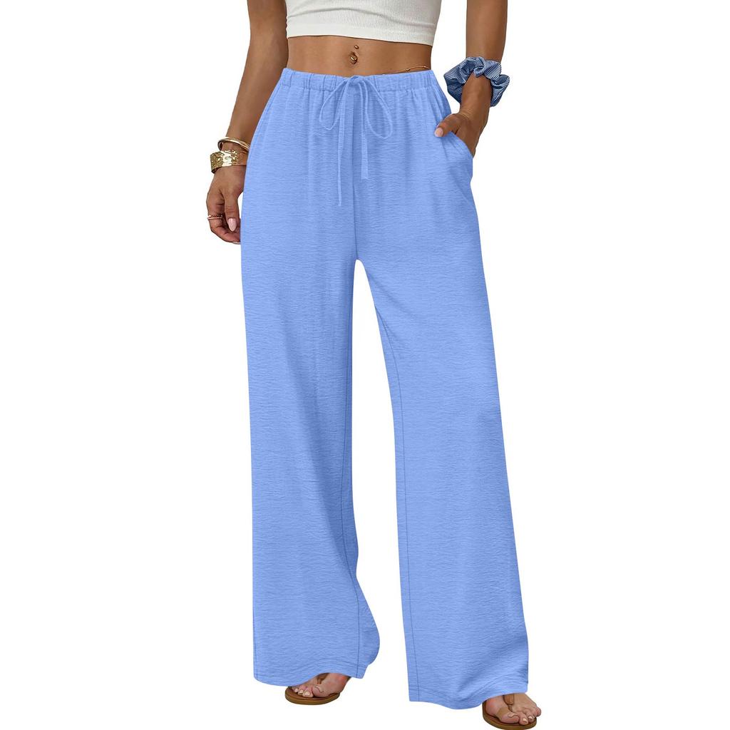 Women's Fashion Wide-Leg Trousers With Drawstring Elastic Waistband And Pockets Relaxed-Fit Casual Trousers