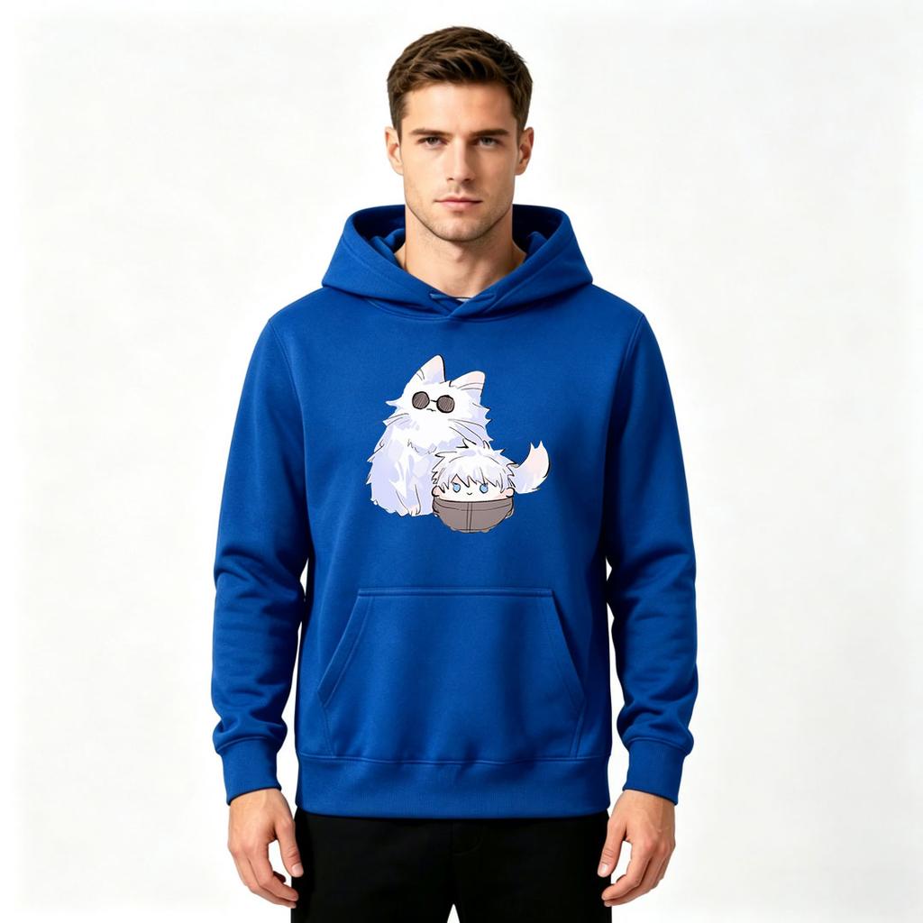 Men's Print Pullover Hoodie, Cute White Cat Anime Character Pattern Casual Sweatshirt for Daily Wear