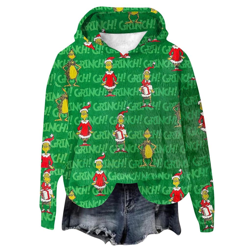 Women's Hooded Long Sleeve Christmas Printed Flannel Top Hooded Sweatshirt
