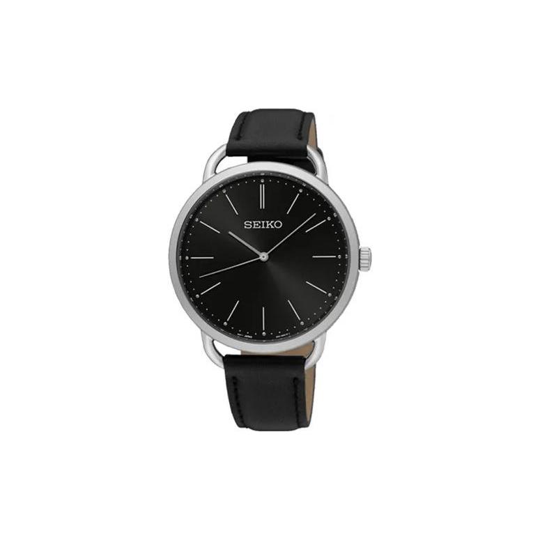 SEIKO 50m Water Resistant Quartz Movement Leather Strap Watch 40mm Unisex Black Dial SUR233J1