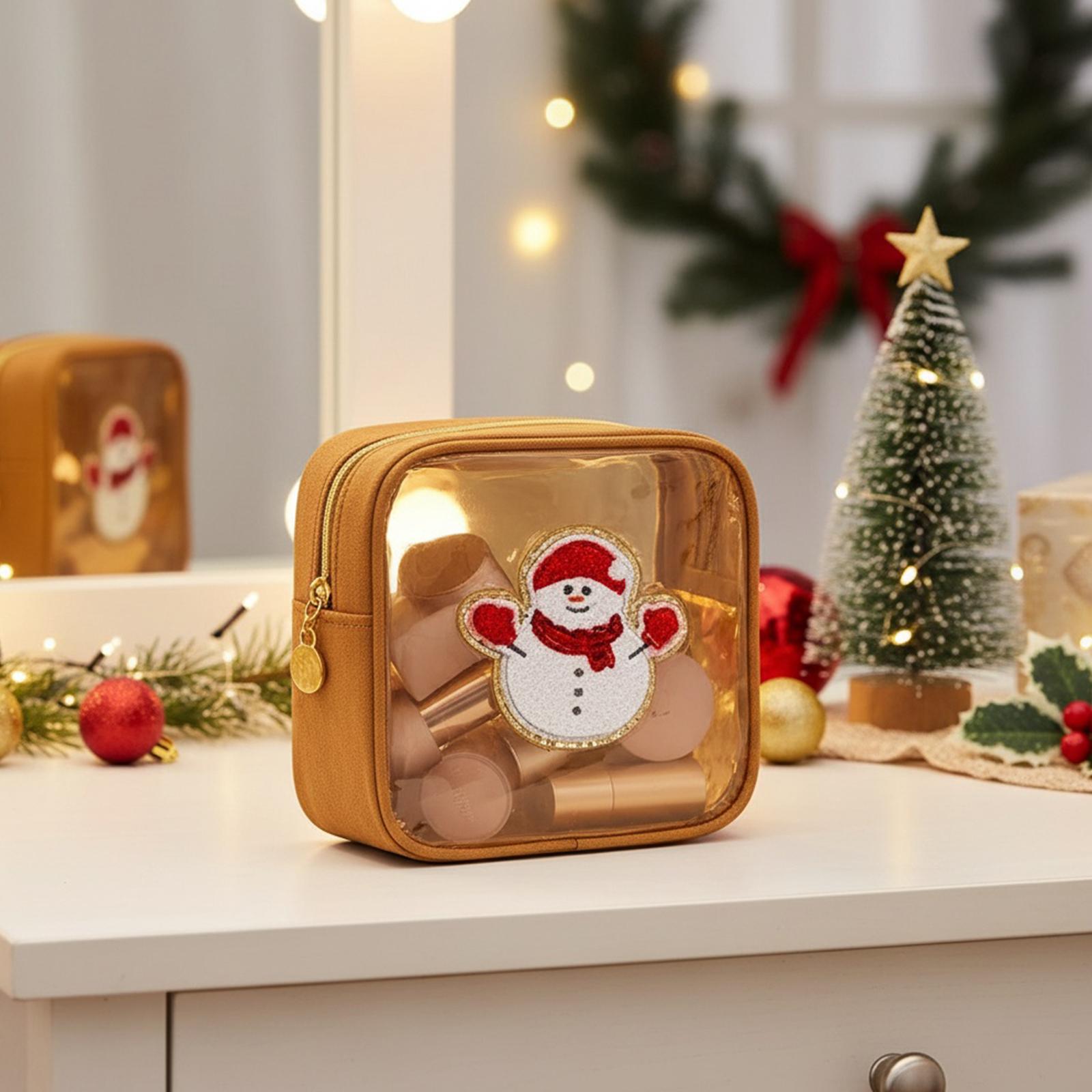 Women PVC Small Holiday Makeup Pouch Skincare Pouch Xmas Zipper Cosmetic Bag for Girls Travel Gift