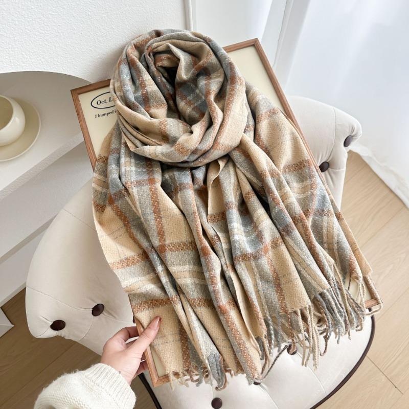 

Клетчатый шарф женский зимний в полоску студенческий теплый утолщенный имитация кашемира длинный шаль-шарф 66-180cm хаки