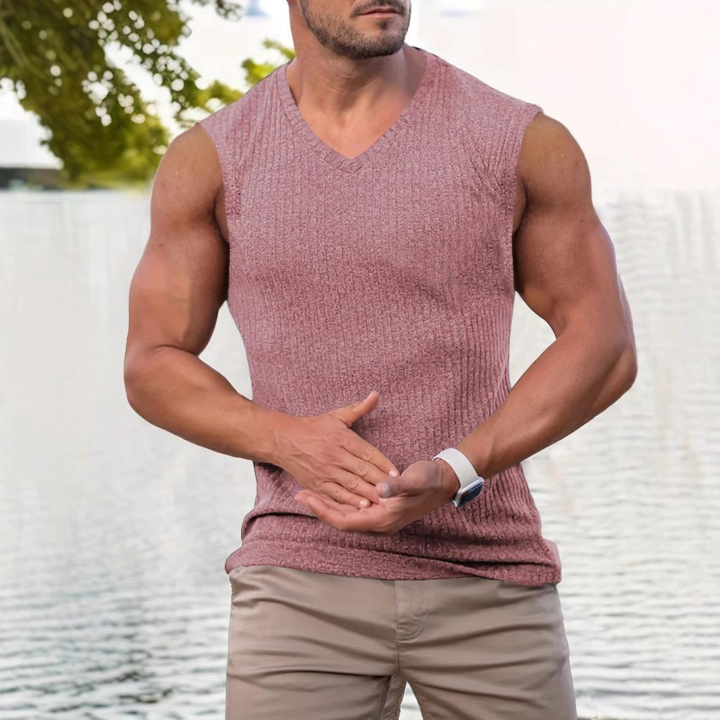 Summer Knitted Vertical Bar Fitness Sports Leisure Slim Fit Tank Top For Men Sleeveless Wide Shoulder Tank Top For Men