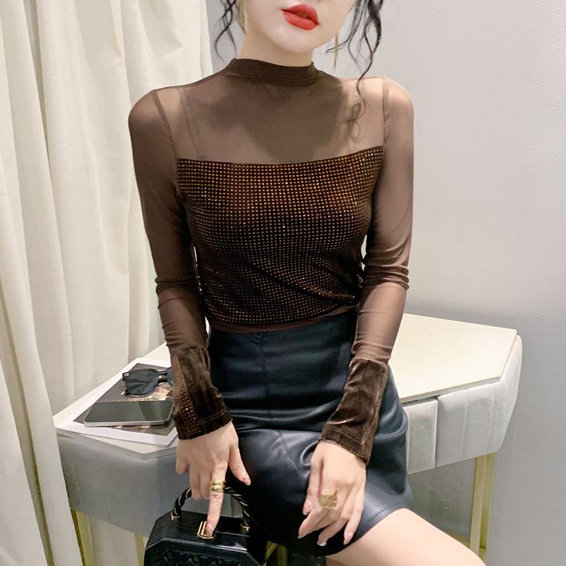 

Европейский осенний бархатный топ с длинным рукавом и сеткой, с высоким воротником для женщин S кофейный