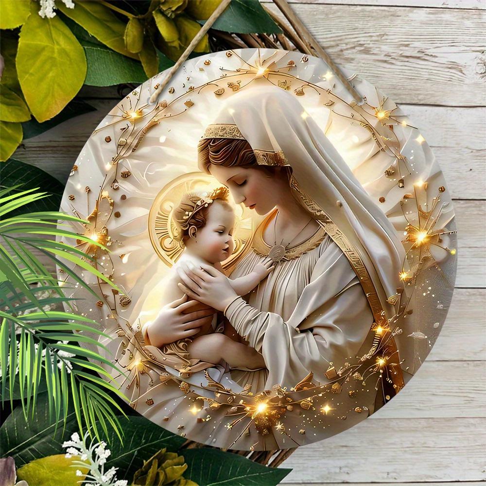 Virgin Mary & Jesus Wooden Sign, Round Front Door Decor, Golden Halo Religious Wall Hanging - Ideal for Christian Home & Church Decor