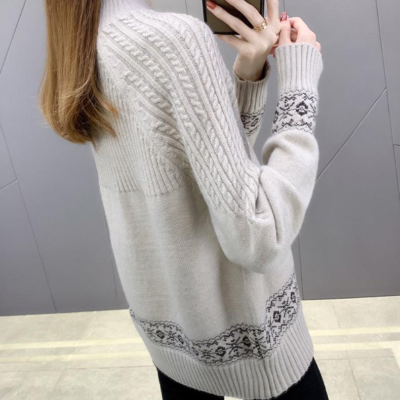 Autumn Winter Women's Half Turtleneck Sweater Loose Thick Pullover Knitted Top Jacquard Elastic Knitted Top Jumper.