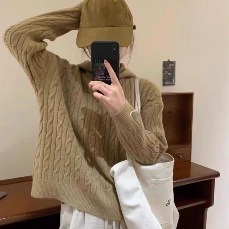 Autumn New Vintage Loose Hooded Pullovers Sweaters Women Winter Thicken Long Sleeve Casual Knitted Sweater Women Tops Solid Casual Base Jumpers 25452