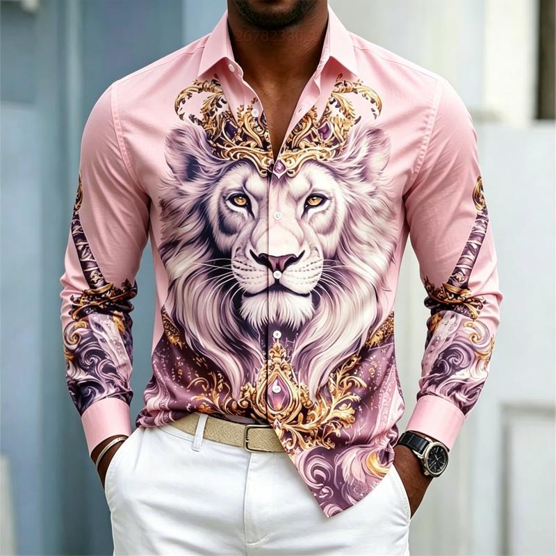 Camicia da uomo a maniche lunghe con colletto camicia Stampa Re Leone camicia business casual alla moda casual taglia grande vestibilità aderente top da uomo