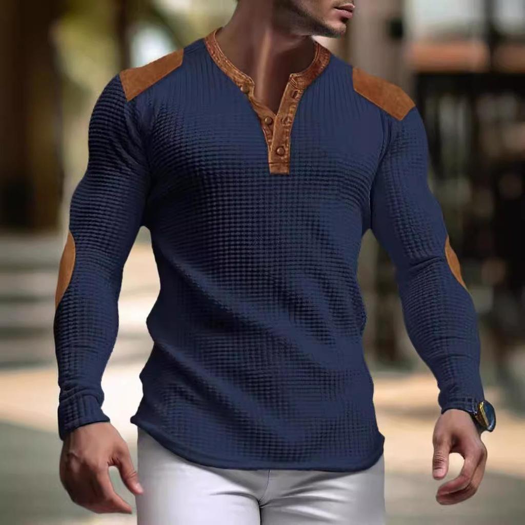 3D Breathable Men's Casual Sweatshirt Autumn V-Neck Top with Button Fashion Men's T-Shirt