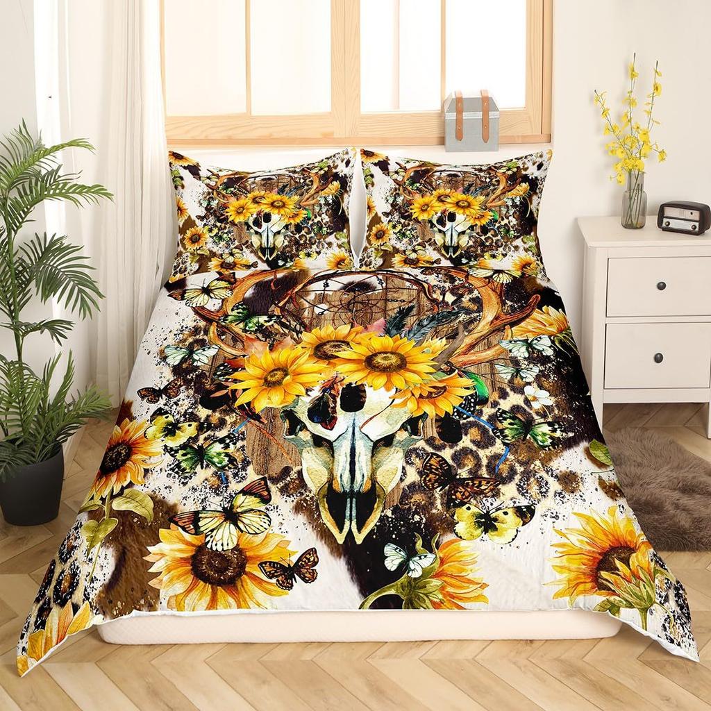 Flower Deer Head Three-Piece Quilt Cover 3D Digital Printing Bedding Set Bed Cover