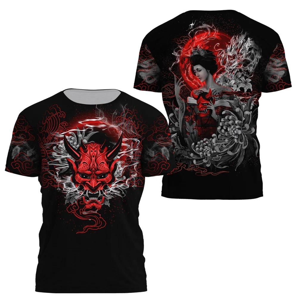 Japanese Harajuku Printing T Shirt For Men Fashion Samurai Mask Graphic T shirts Summer Leisure O-neck Pullover Oversized Tops