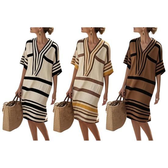 Summer Dress for Women Casual Short Sleeve V Neck Striped Midi Dress Summer Beach Sundress Boho Vacation Outfit