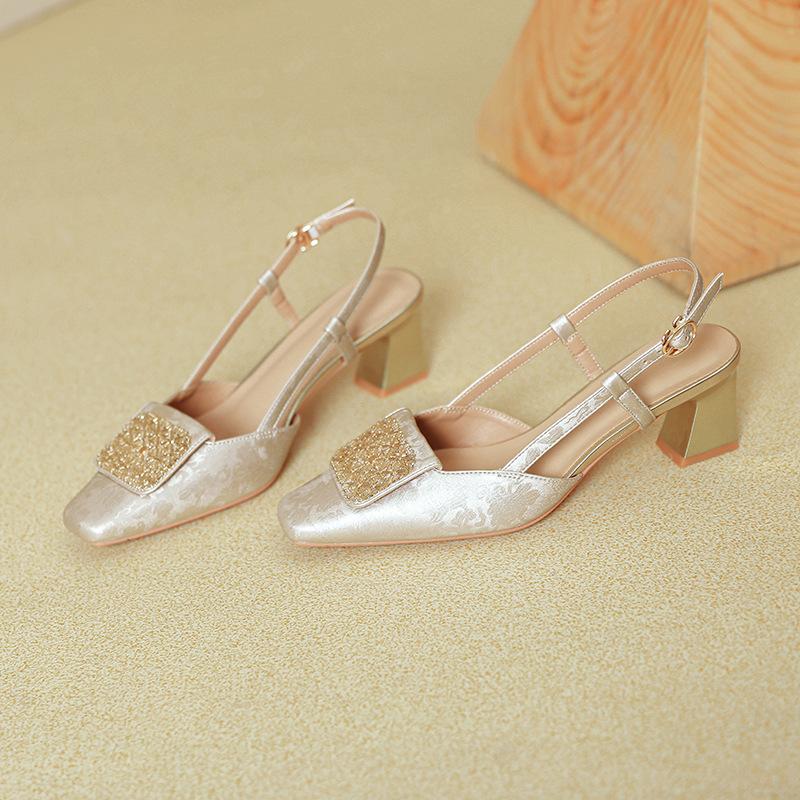 Baotou sandals women's 2025 new summer skirt mid-heel empty single shoes silver French thick heel square head high heels