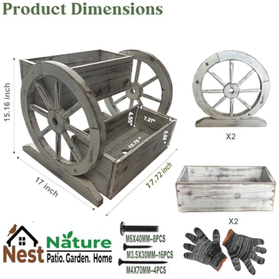 NestNature Wooden Wagon Planter Box Raised Garden Bed Decorative Garden Planters with Wheels for Indoor Outdoor Decor Plants in