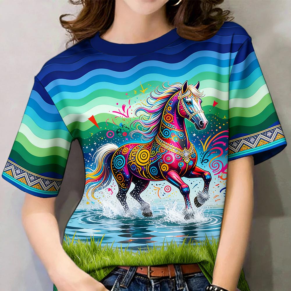 Pferde-Muster T-Shirts Floral 3D-Druck Damen Freizeit O-Ausschnitt Kurzarm T-Shirt Harajuku Lässige T-Shirts Y2k Tops Damenbekleidung