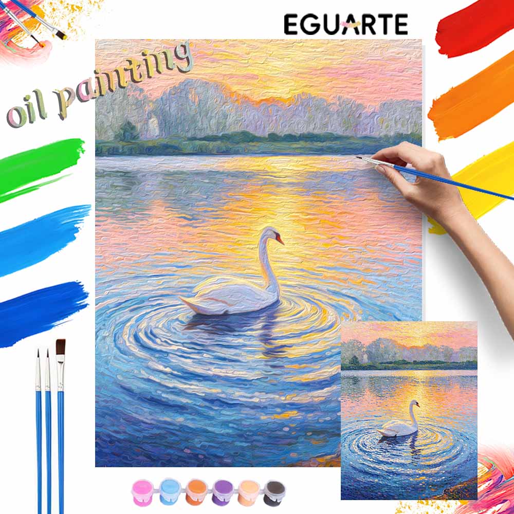 Digital oil painting kits featuring beautiful swan on lake. are ideal for professional art purposes and home wall decoration.
