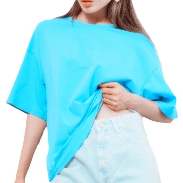 

2024 Европейская и американская женская повседневная свободная однотонная футболка с коротким рукавом для весны/лета L небесно-голубой
