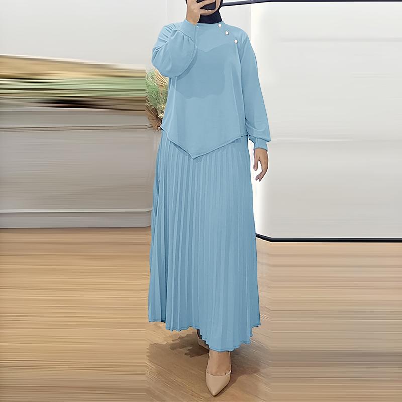 ZANZEA Women Long Sleeve Blouse and Long Pleated Skirts Casual Two Piece Suit Sets