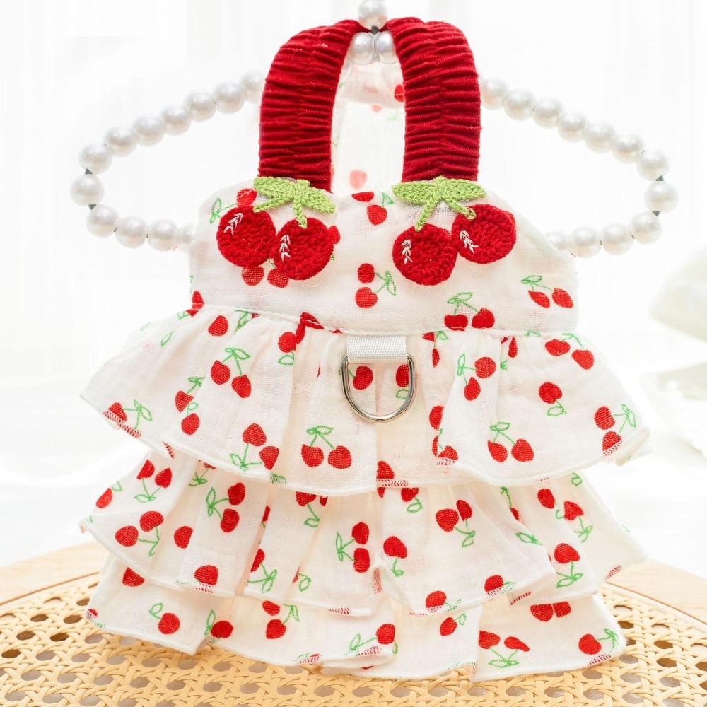 With Buckle Puppy Lace Skirt Cherry Pattern Wedding Dress New Dog Princess Dress  Summer Clothing